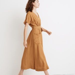 Linen-Blend Dolman Sleeve Tie Waist Midi Tan Dress